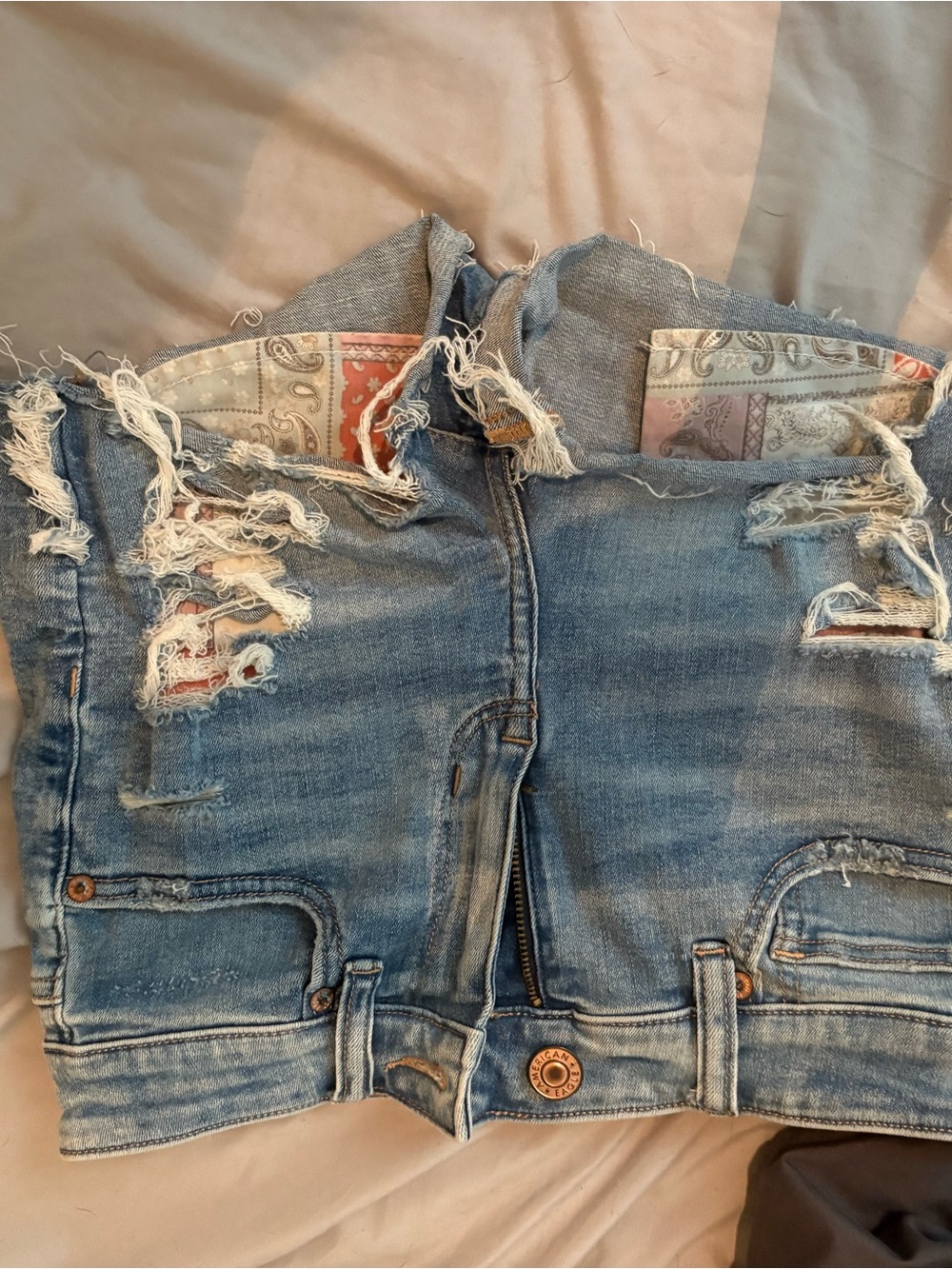 American Eagle Light Blue Denim Skirt with Distressed Detail